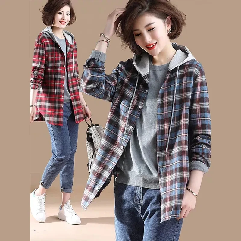 Hooded Plaid Shirt 2024 Spring/Summer Women's Loose Long sleeved Brushed Cotton Blouse Casual Lightweight Outwear Female