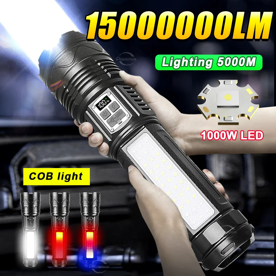 2024 Newest 15000mAh High Power Flashlight Usb Rechargeable Zoom Torch Ultra Bright Spotlight Hunting Flashlights Tactical Torch