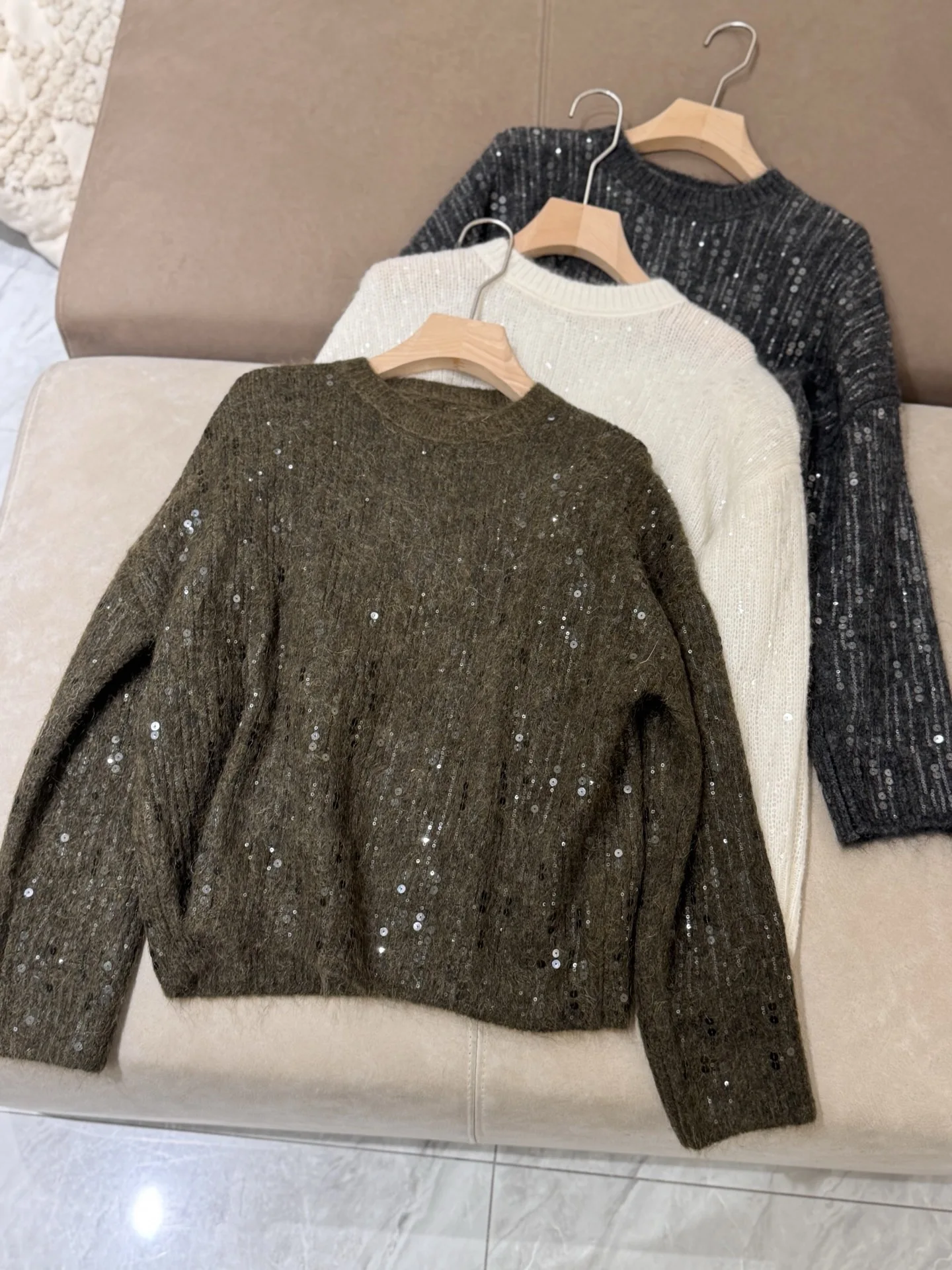 

Женский повседневный вязаный шерстяной свитер с тяжелыми бусинами, свободный крой, удобный мягкий морской остров, смесь шерсти, теплый цвет