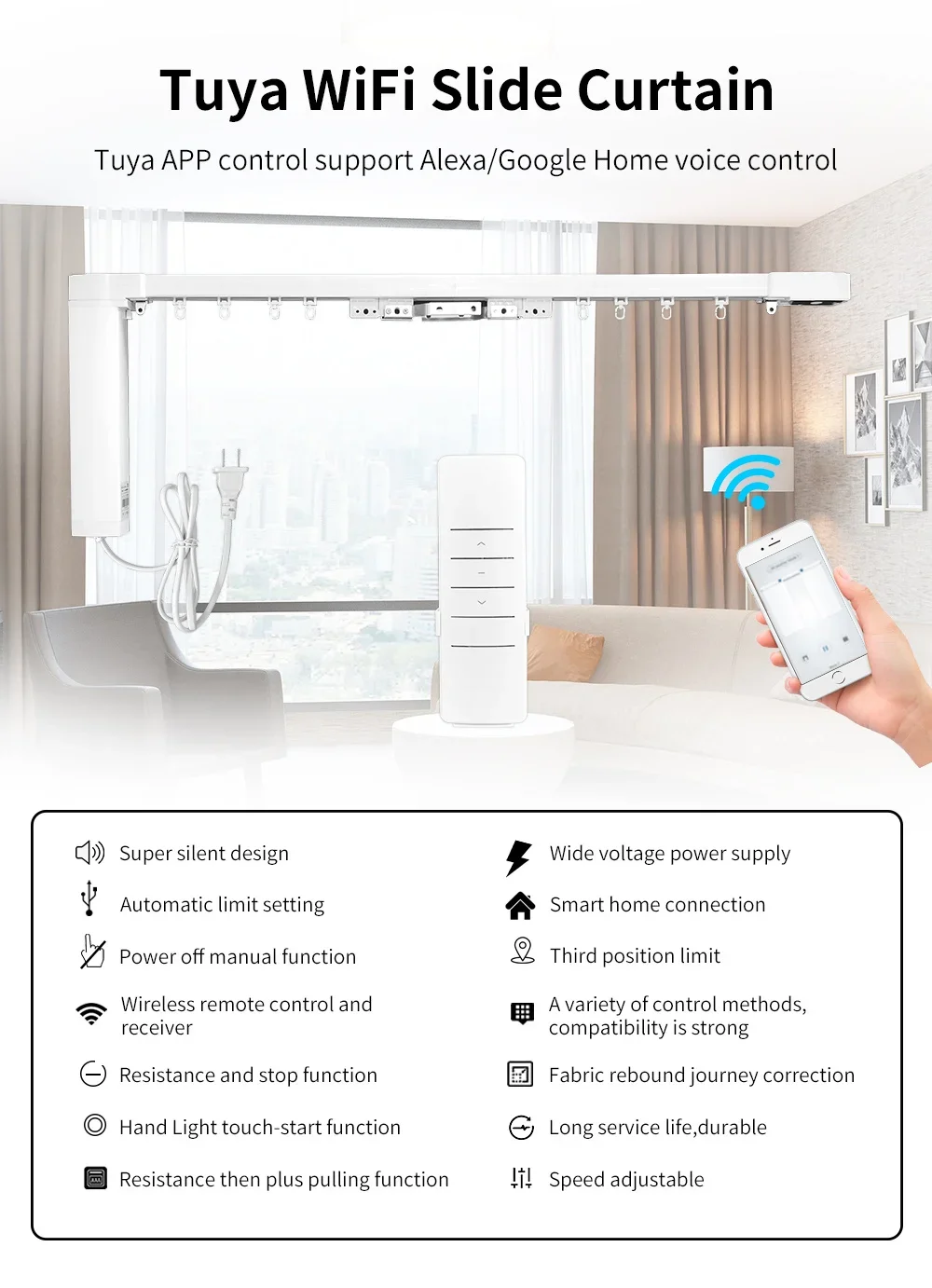 Manhot smart Tuya WiFi Electric Curtain Motor Motorized System Track 2.1m Rail Customized size Support Alice Google Assist