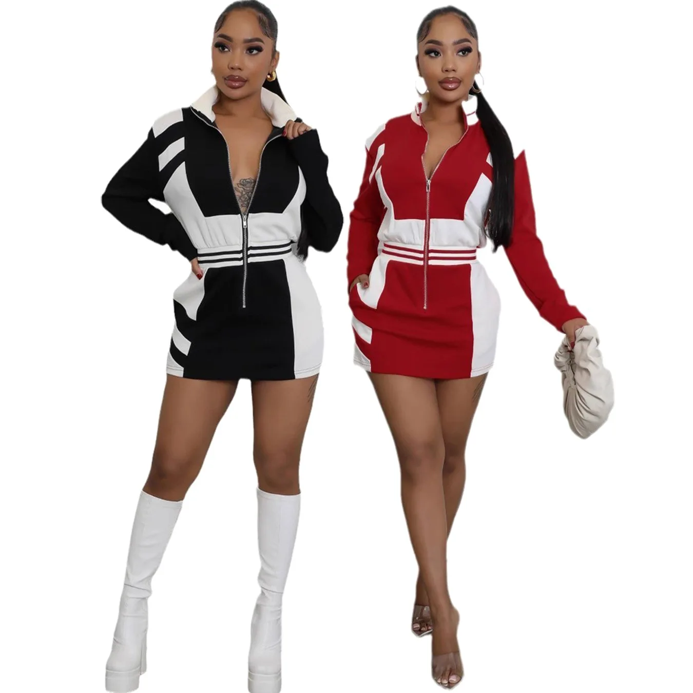 

Color Blocking Mini Dress Spring Summer Casual Fashionable Sporty Style Stand Collar Zipper Long Sleeve Waist-fitted New Arrival
