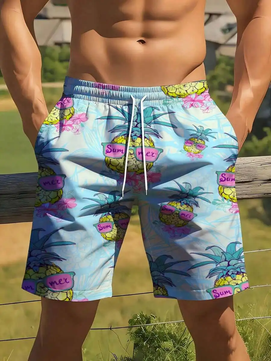 

Mens Summer Pineapple Print Swim Trunks With Drawstring Waistband Tropical Design