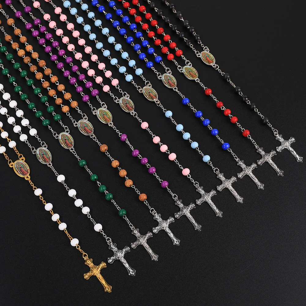 قلادة مسبحة للنساء والرجال ، مسبحة صلاة خشبية ، سلسلة طويلة ، مريم العذراء الدينية ، دلاية متقاطعة ، مجوهرات حفلات ، هدية ، 6: 1000
