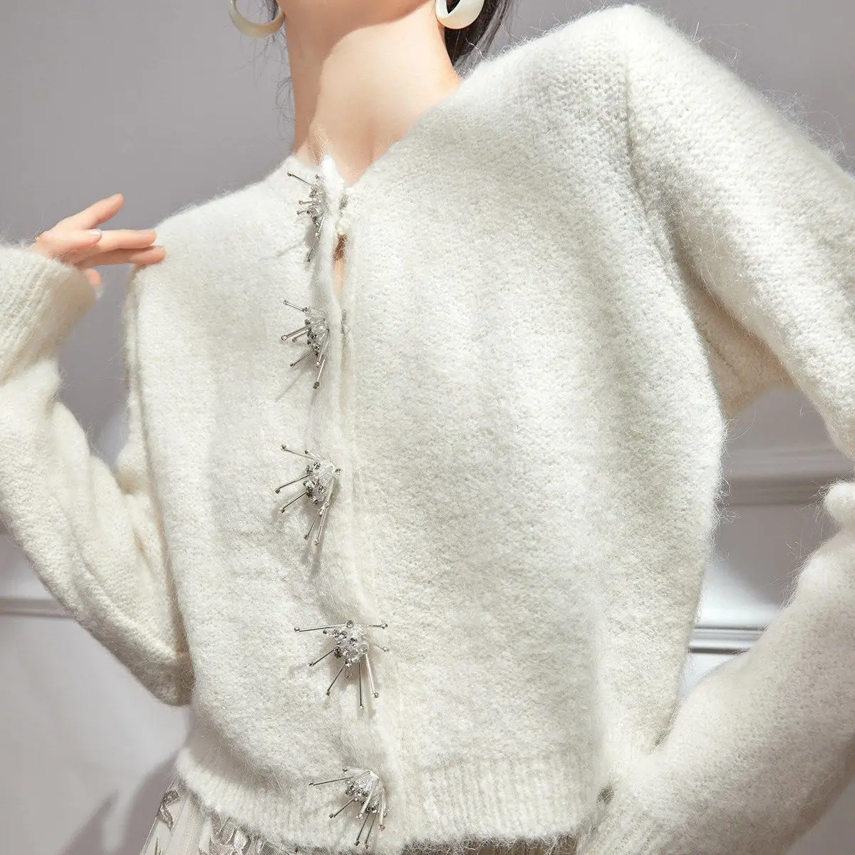 Korejpaa Elegant Cardigans Women Vintage Clothes 2024 Autumn Round Neck Chic Buttons White Knitted Cardigan Sweater Coat