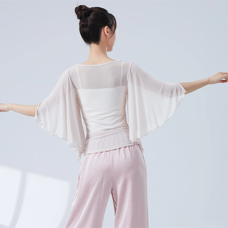 المرأة الحديثة الرقص شبكة أعلى شق كم طاقم مطوي طوق تول قميص قاعة الرقص اللاتينية التدريب الملابس بلوزة العرقية #4