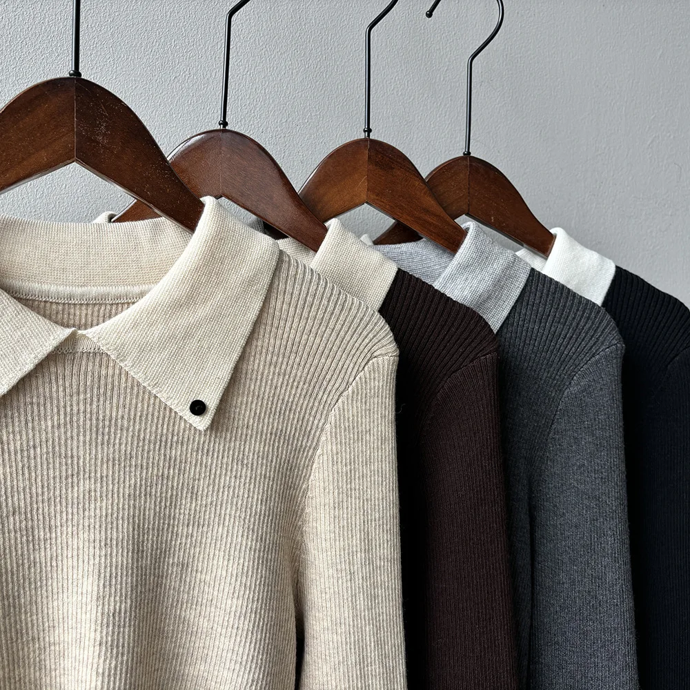 Color-Block Polo Collar Knitted Sweater For Women Autumn Winter Slim Inner Layer Knitwear