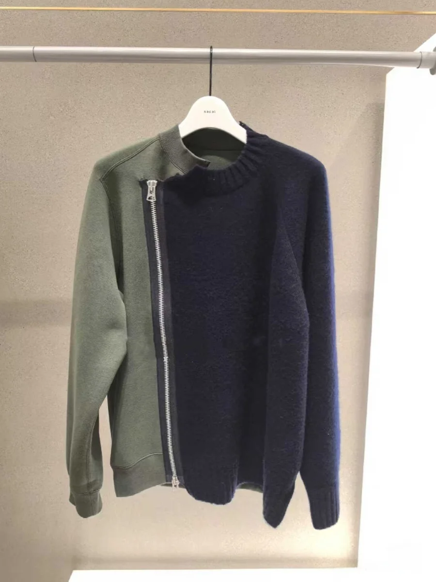 

FOG SACAI Men's Knitted Sweater Trendy Luxury Side Zipper Open Cardigan Thin Outerwear Long Sve round Ne Cotton Regular Fit