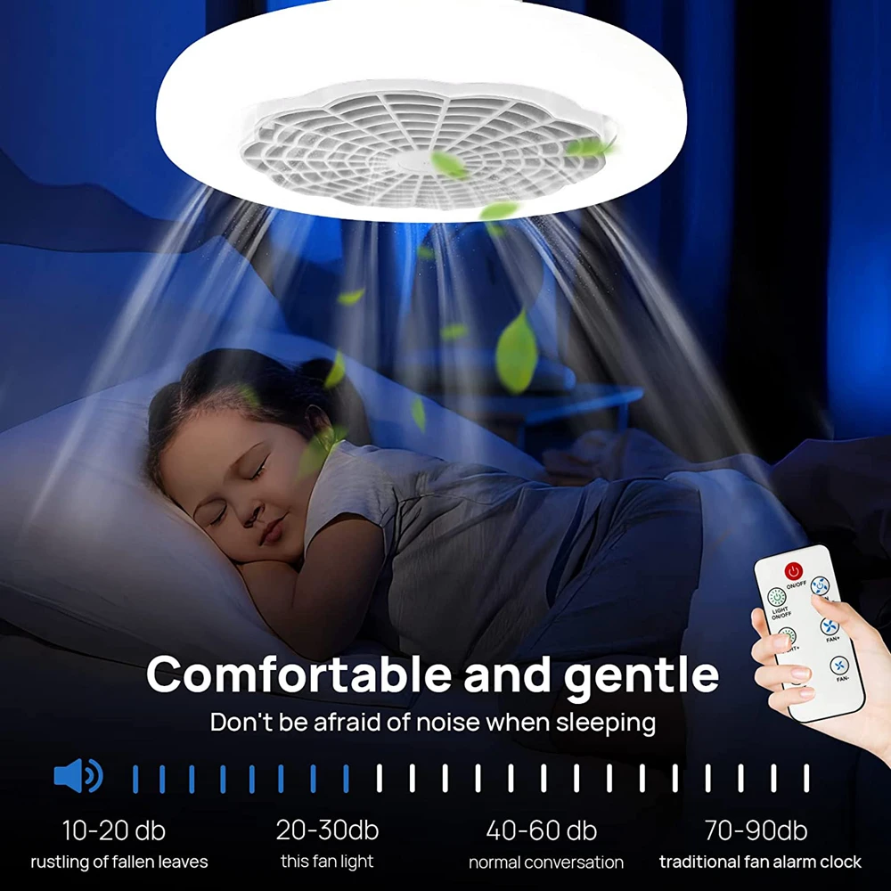 Ventilateur de Plafond avec Lumières LED et Télécommande, Base de Convertisseur, Silencieux, 3 Vitesses de Vent, pour Cuisine, Lampe de Décoration Intérieure, 30W