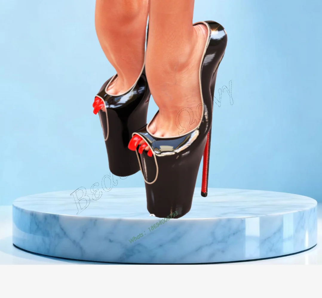 

Black Patent Leather Platform Heels Sandals Slip on Round Toe Hollow Thin High Shoes Sexy Women Shoes New Zapatos Para Mujere