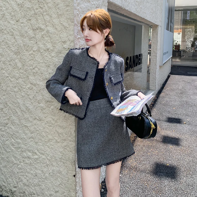 Autumn New Temperament High Sense Round Neck Coat and A-line Short Skirt Two Piece Sets Womens Commuter Elegant Set
