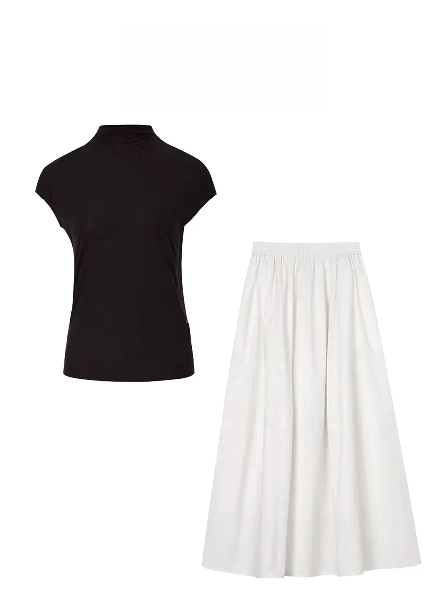 

Parkyeon High Waist Slimming Short Sleeve Half High Collar Cool Feeling Midi Skirt Two Piece Set Fashionable Women's Ensemble