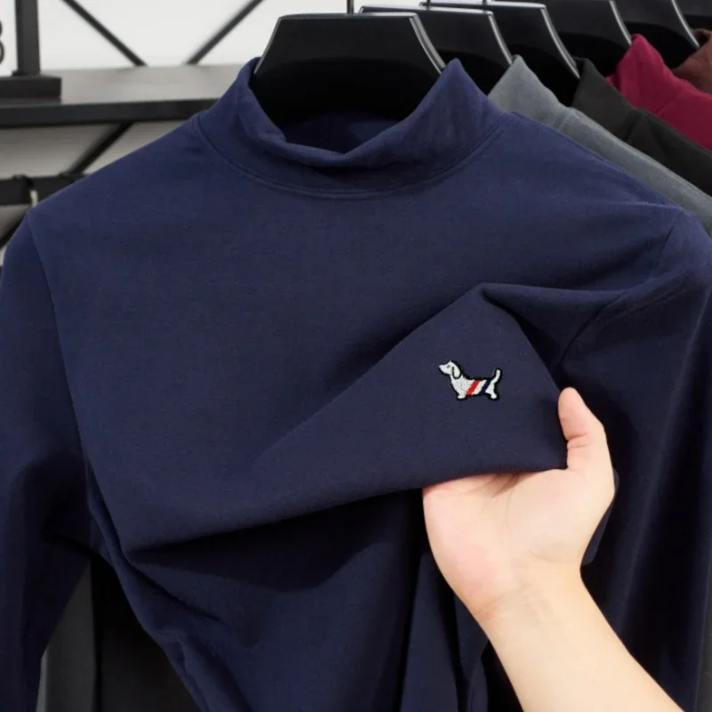 Trendy mens high-quality velvet Tshirt autumn and winter new warm business casual top highend brand dog design embossed pullover