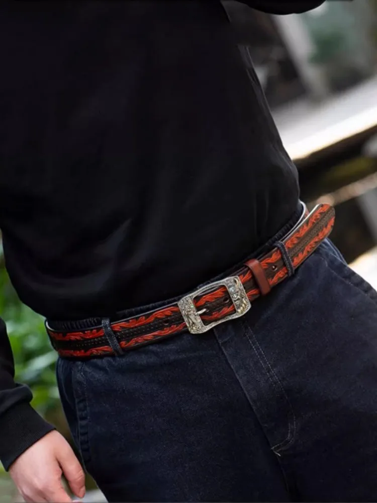 Personality Men Cowskin Genuine Leather Belts Embossed Pattern Handmade Retro Casual Needle Buckle Waistband Accessory For Pants