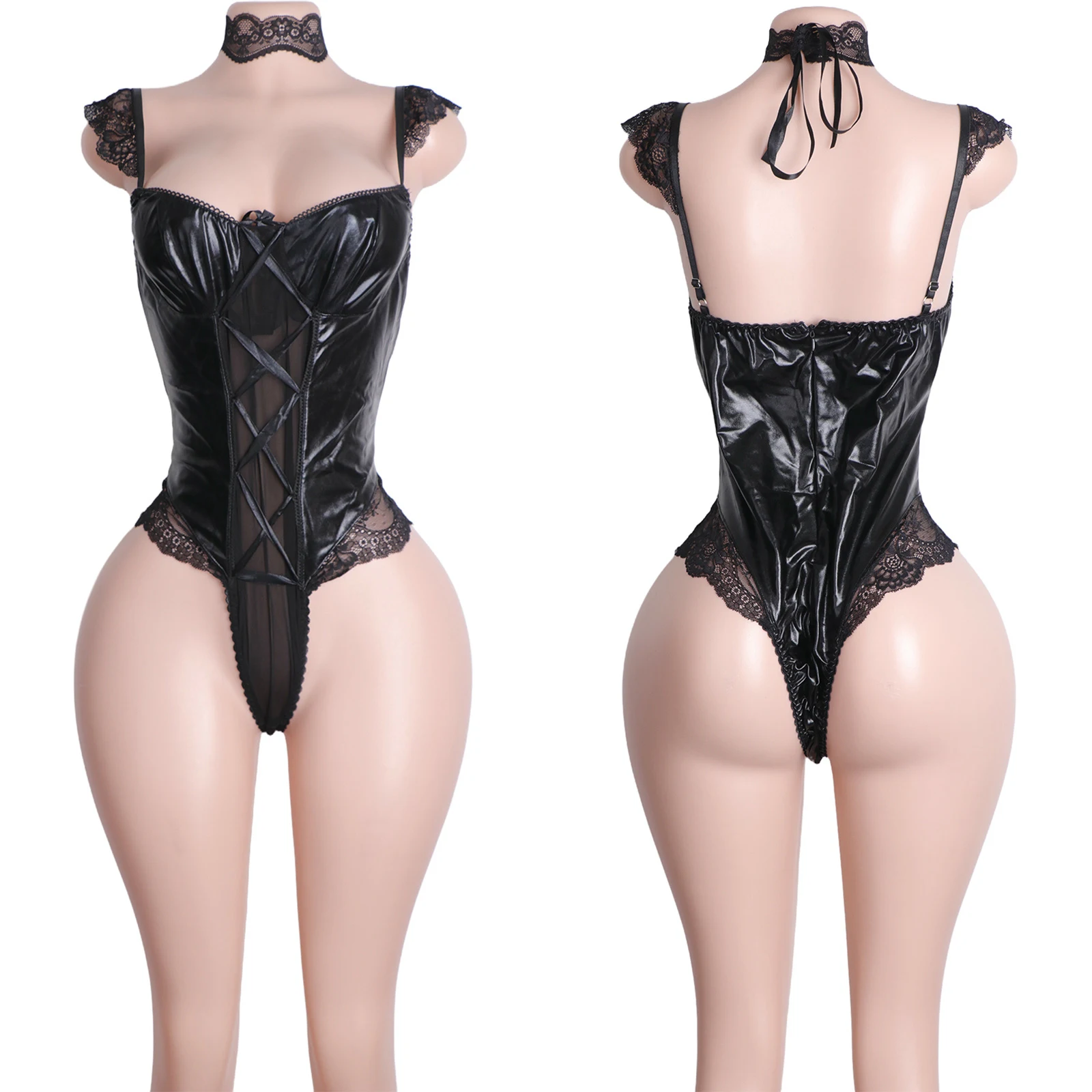 Women's Leather G-String Bodysuit Sexy Dancewear Exotic Performance Club Stage Costume Stripper Wear Bottled Outfits