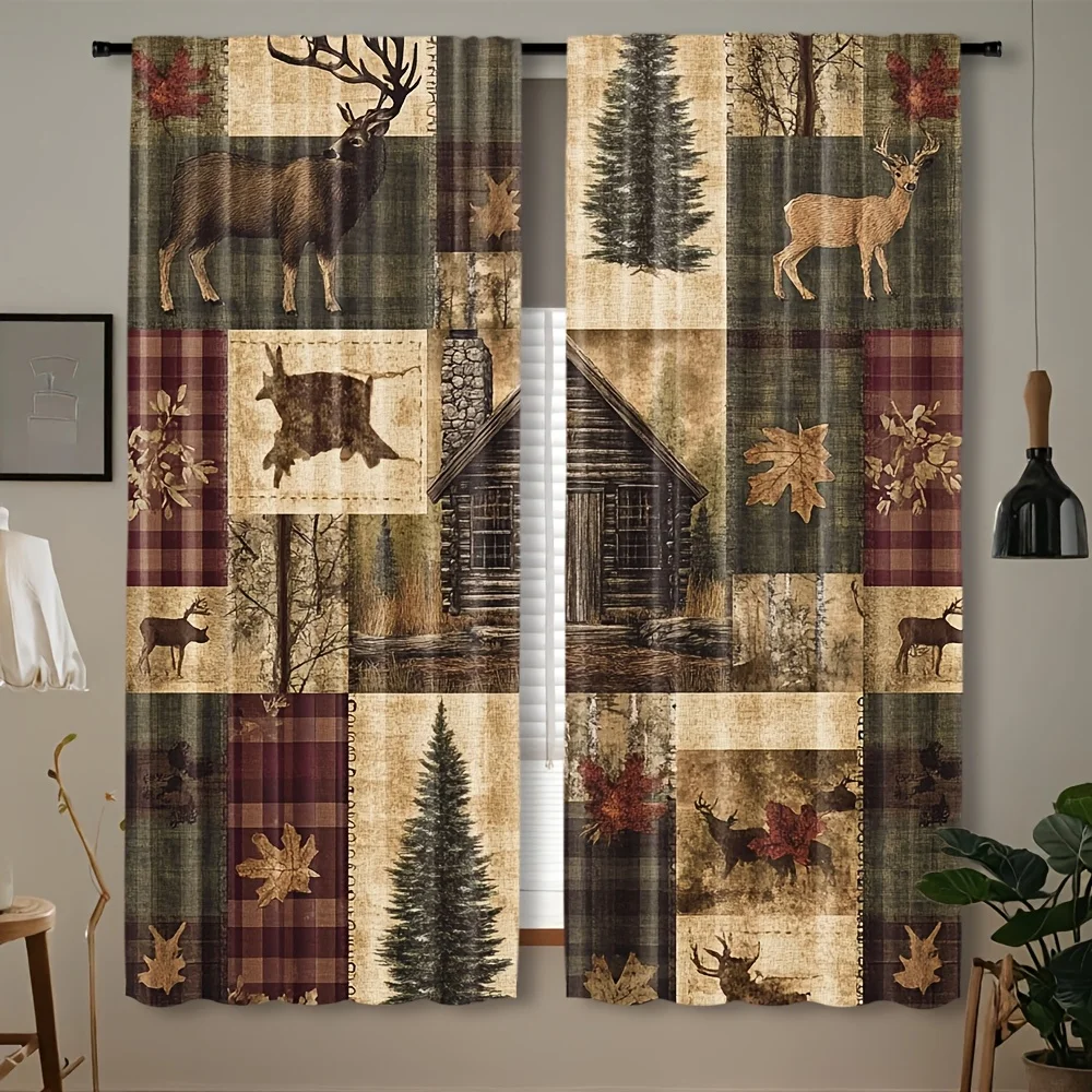 Autumn Fall Woodland Curtains Rustic Deer Stag Cabin Leaf Print Window Drapes Lodge Decor Hunting Style Forest Curtain Panels