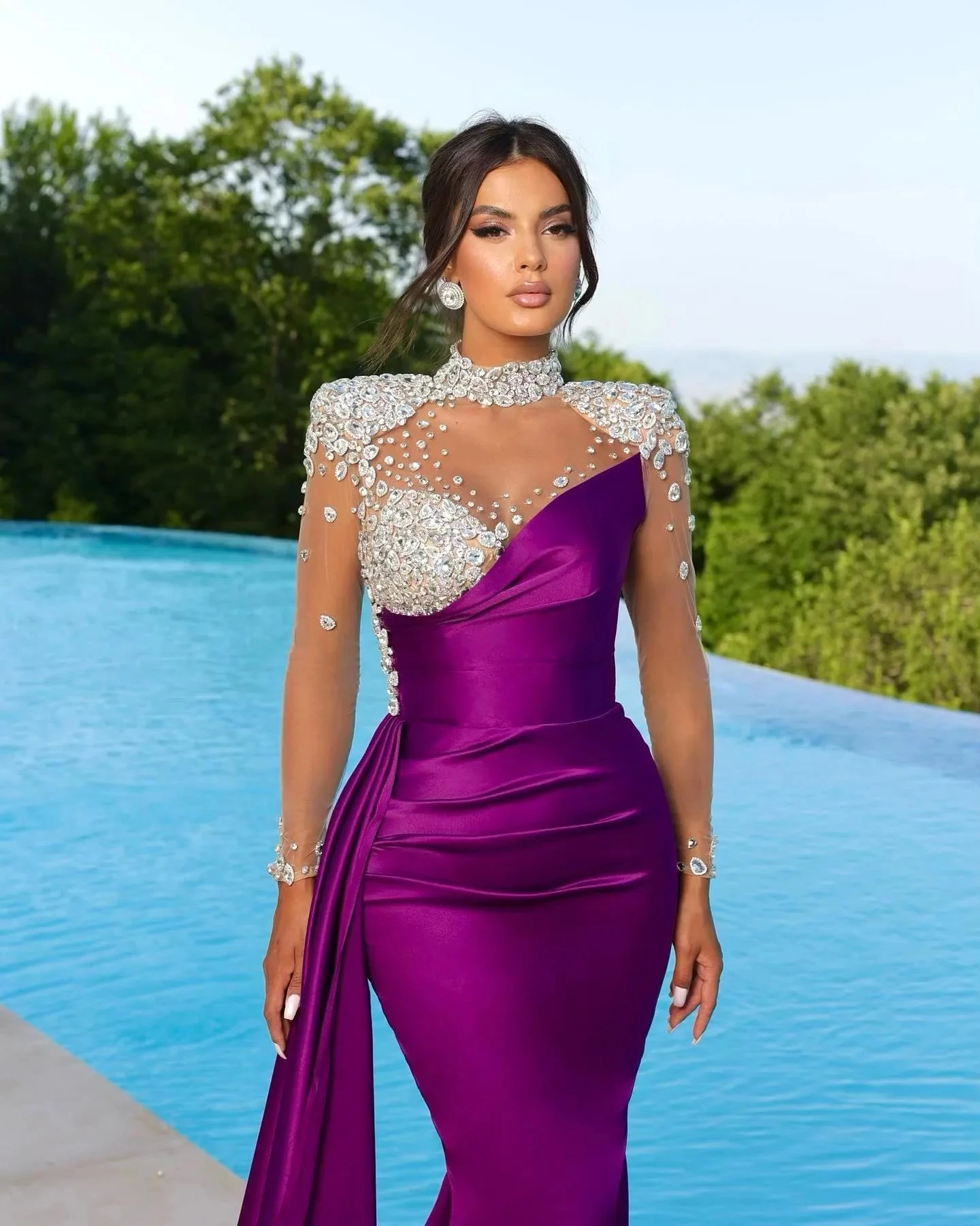 Elegant Peach Purple Black Mermaid Evening Dresses High Neck Sheer Appliques Beads Illusion Long Sleeve Pleats Ruffles Formal YD