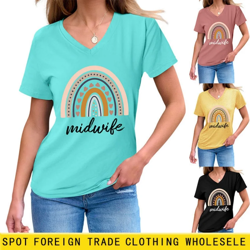 

American-style high street letter-printed loose-fitting slimming short-sleeved T-shirt for women in summer V-neck top