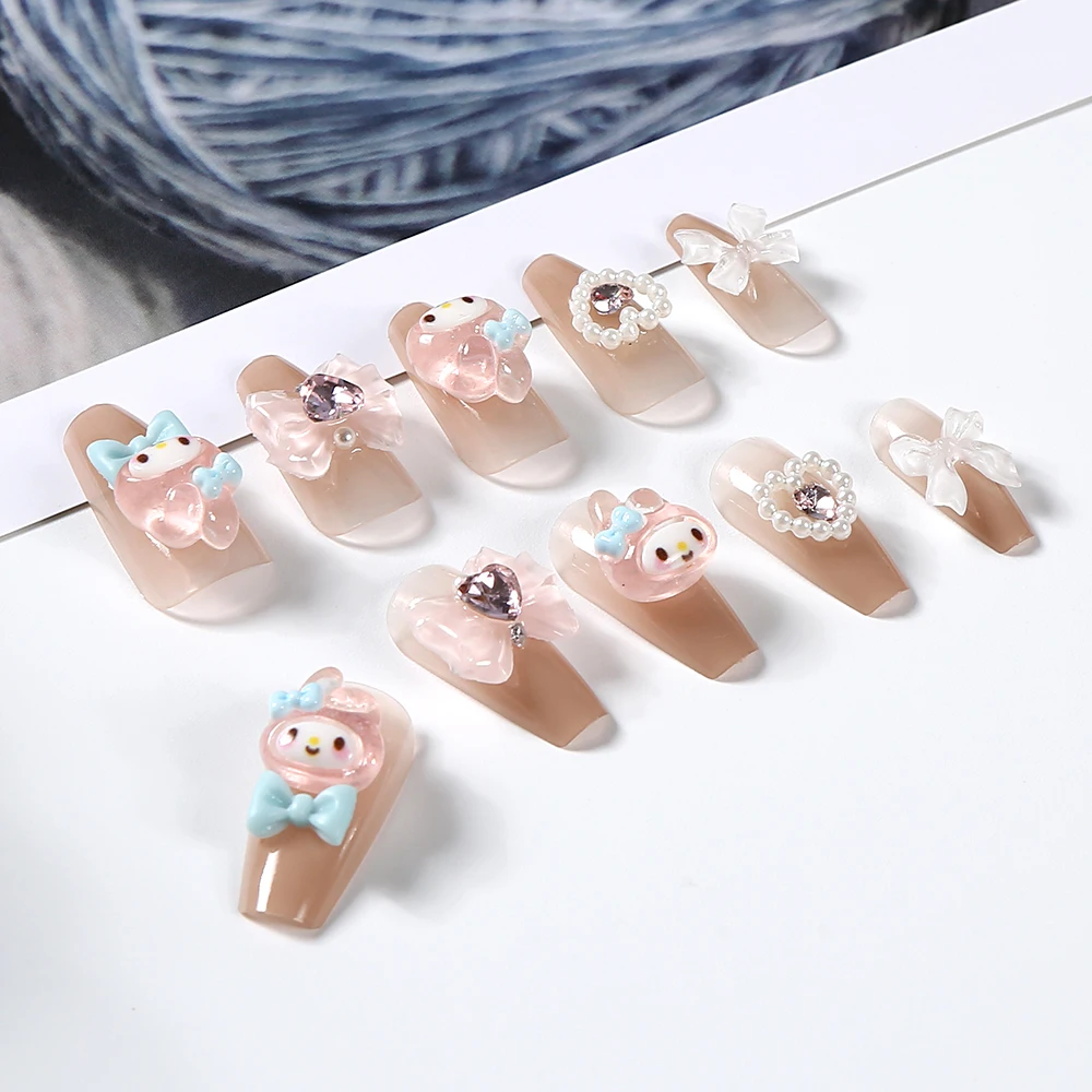 24Pcs Sanrio 3D Cartoon My Melody False Nails Cute My Melody Wearable Nails Fashion Charm Nail Patches For Girls Holiday Gifts