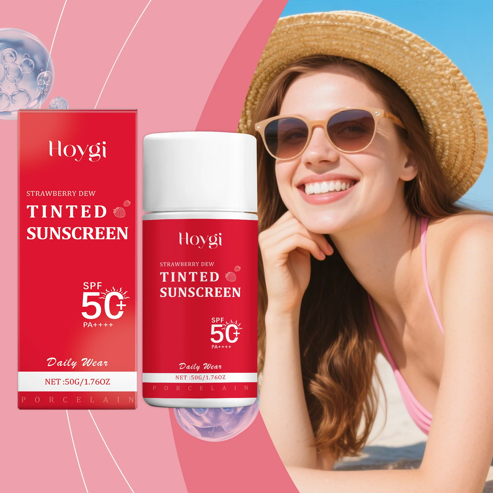 Hoygi Strawberry Dew Tinted Sunscreen SPF 50 Daily Wear Face Moisturizer, Lightweight Non Greasy, Sheer Glow Makeup,.