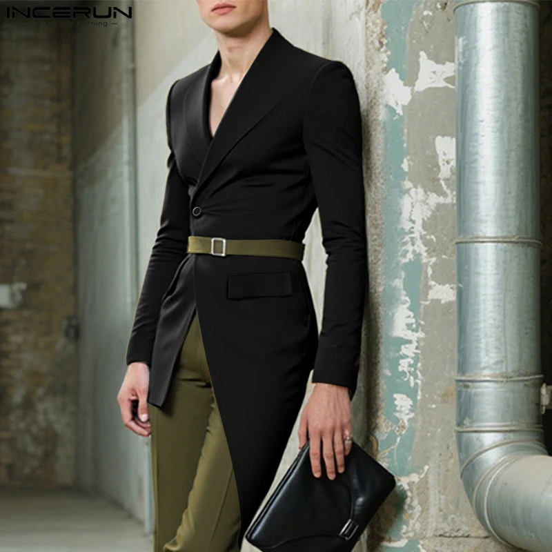 

INCERUN мужской нерегулярный пиджак, однотонный длинный стильный костюм с лацканами и длинными рукавами, мужская уличная одежда, осень 2024, модные повседневные тонкие пальто