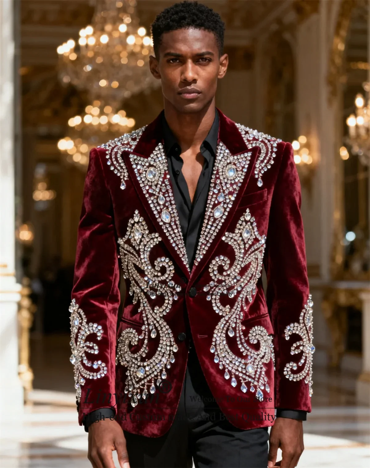 Sparkly Metal Embellished Men Suits 2 Pieces Sets Male Party Prom Blazers Customized Fashion Velvet Groom Tuxedos Ropa Hombre