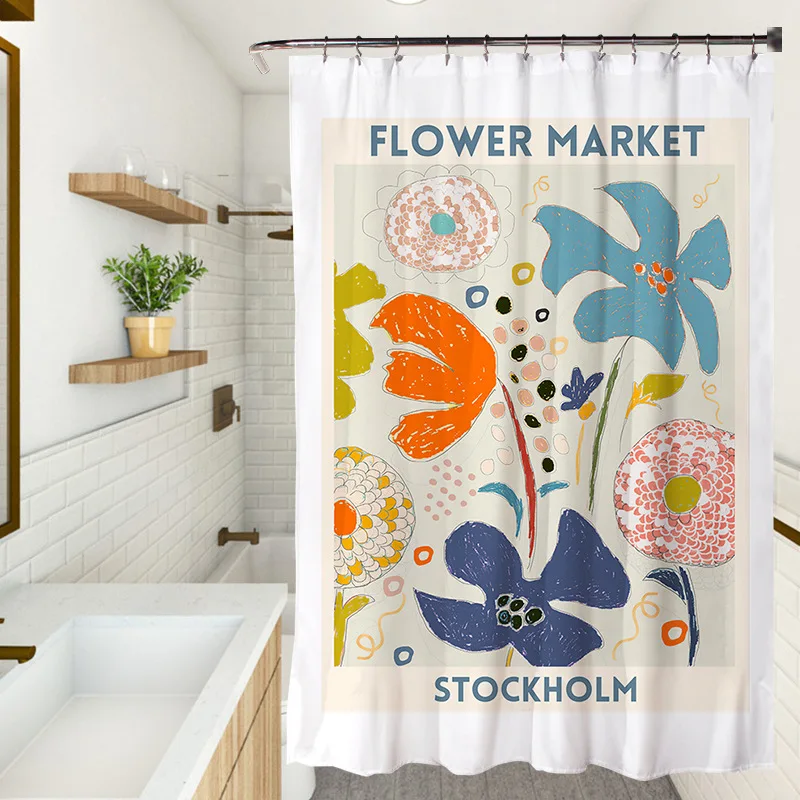 Fresh Colourful Floral Shower Curtain Waterproof Fabric Simple Flowers Plants Art Painting Bathroom Shower Curtains Sets Decor