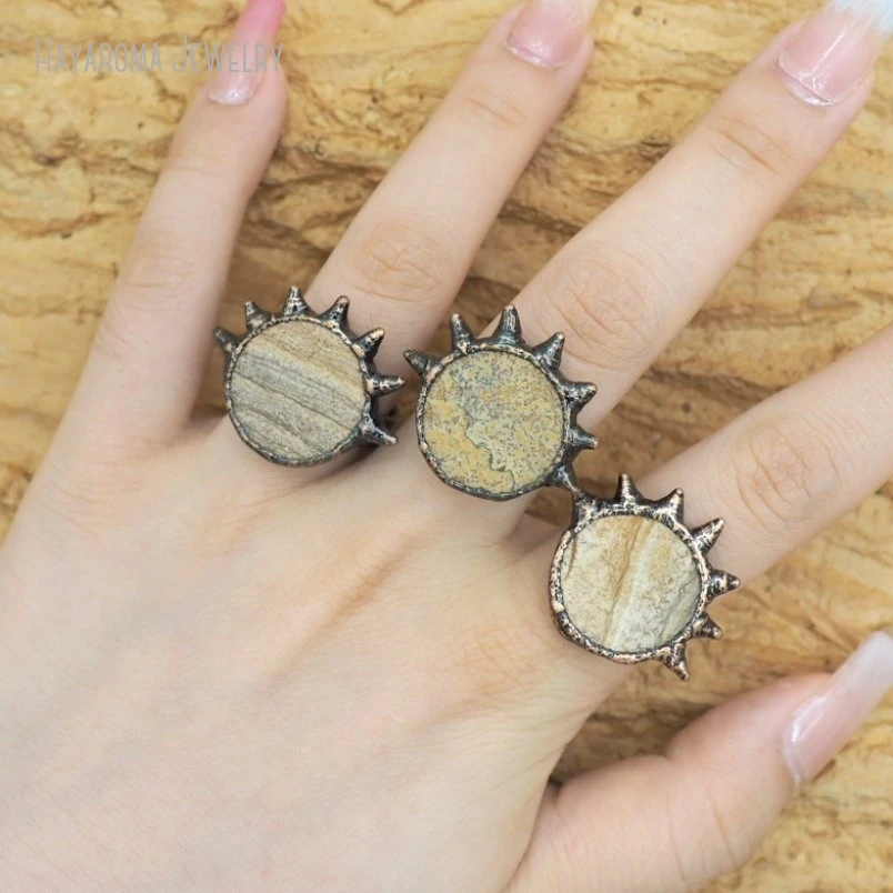 

10Pcs Soldered Wholesale Semi-precious Stone Picture Jaspers Brutalist Y2k Handmade Vintage Antique Bronze Color Ring RM51089