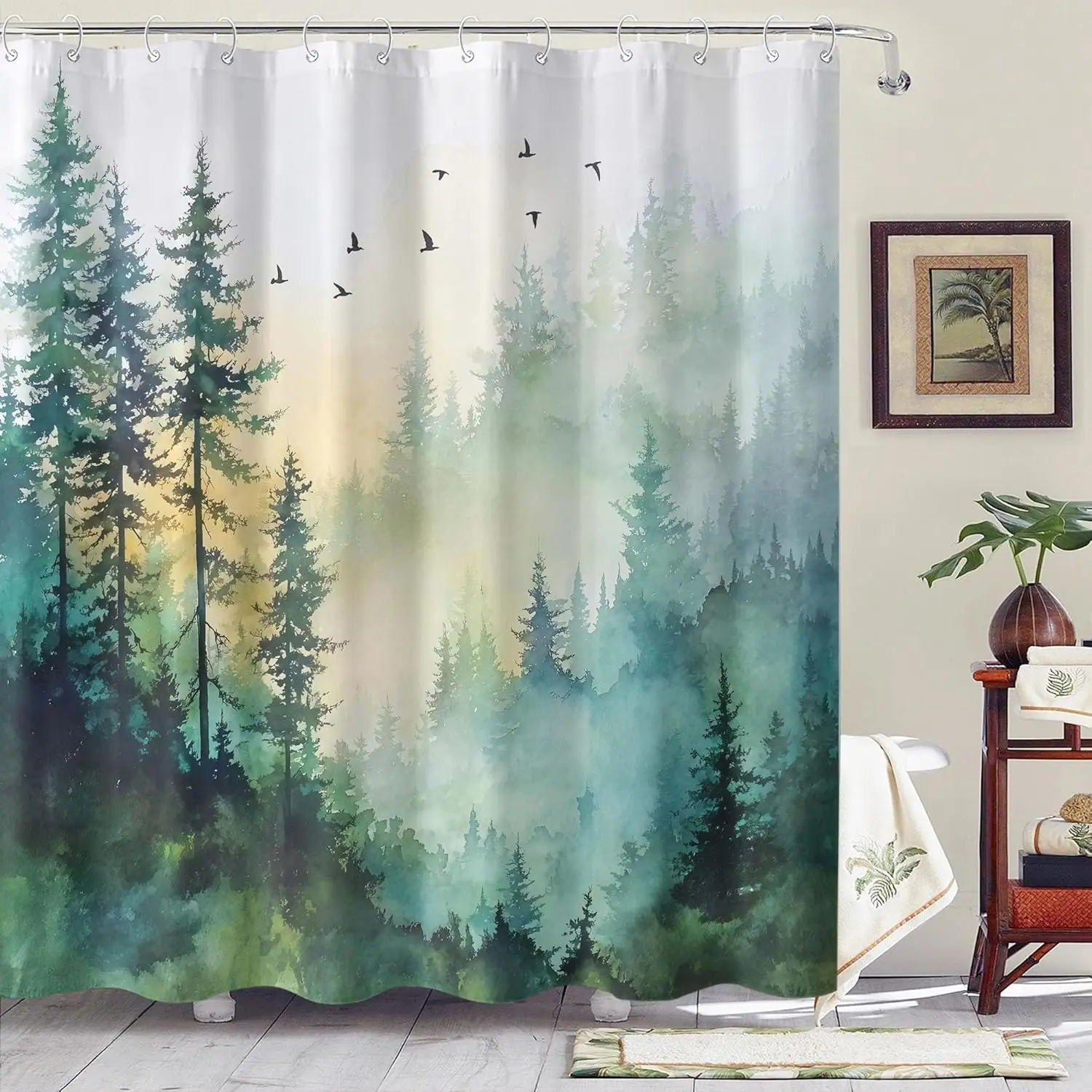 

Rexful st Trees Birds Flying Nature Landscape Shower Curtain Serene Woodland Bath Decor shower curtain