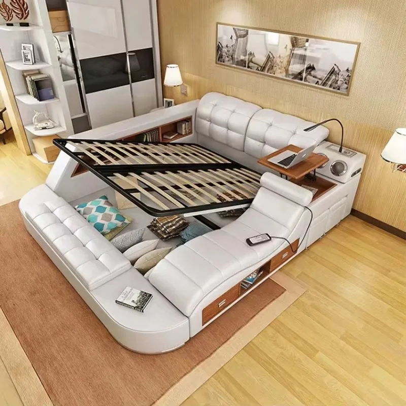 

Factory Direct Price Wholesale Luxury Multifunctional Bedroom Furniture Tatami Modern Smart Bed with Storage Massage Leather Bed