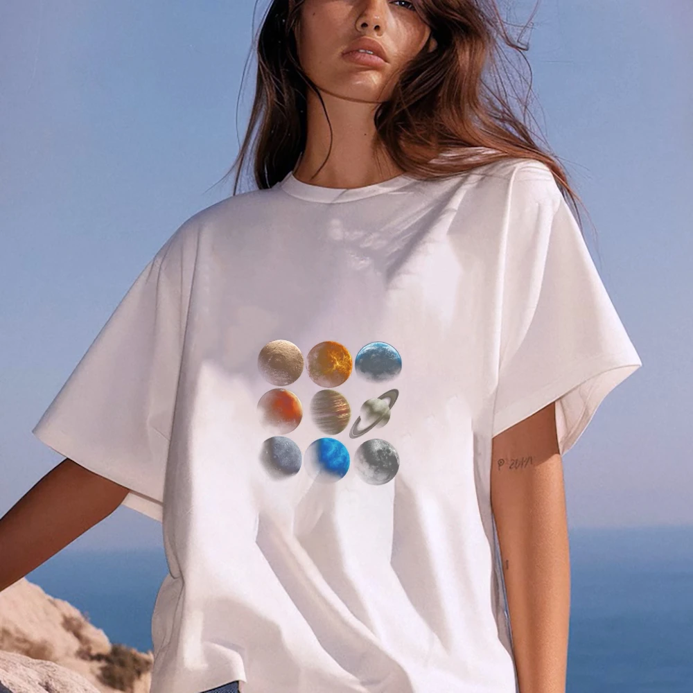 

Женская футболка с рисунком Y2K из 100% хлопка, дизайн планет небесной тематики, мягкая, стильная, уникальная, модная, повседневная, должна иметь