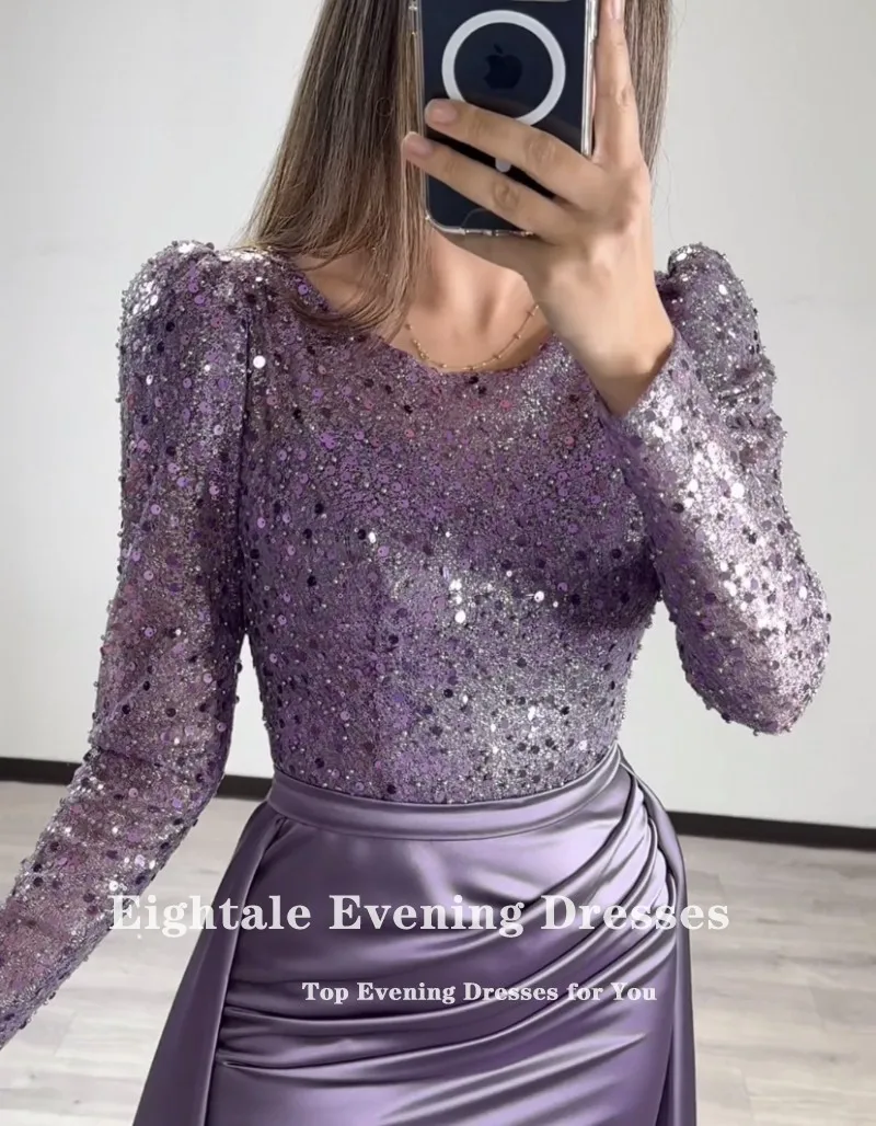 Eightale Sparkly Evening Dress with Detachable Skirt Long Sleeves Customized Mermaid Prom Party Gowns robe de soirée femme