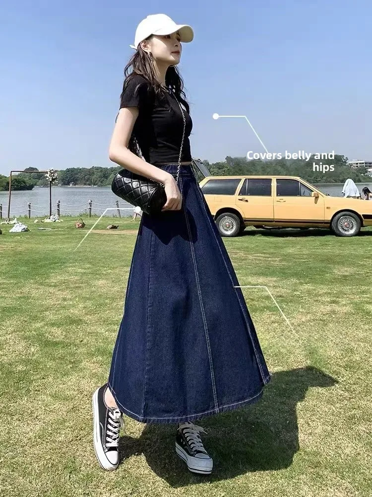 Summer Midi Skirt High Waist A-Line Flared Hem Cover Hip Loose Fit over Knee Length Simple Style Commute Denim Material - view 3
