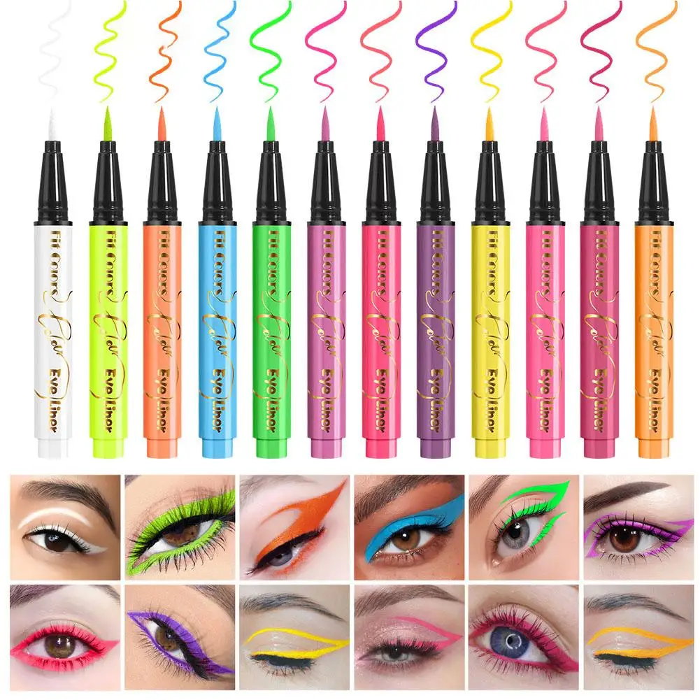 อายไลเนอร์ชนิดน้ำ12สีนีออนสีฮาโลวีนอายไลเนอร์เครื่องสำอางค์ใบหน้าปากกา Blacklight เรืองแสงร่างกาย P0t0 UV กันน้ำ