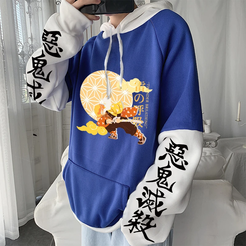 Demon Slayer Zenitsu Agatsuma Anime bluza z kapturem z długim rękawem bluza męska Harajuku Plus Size Kimetsu no Yaiba Manga