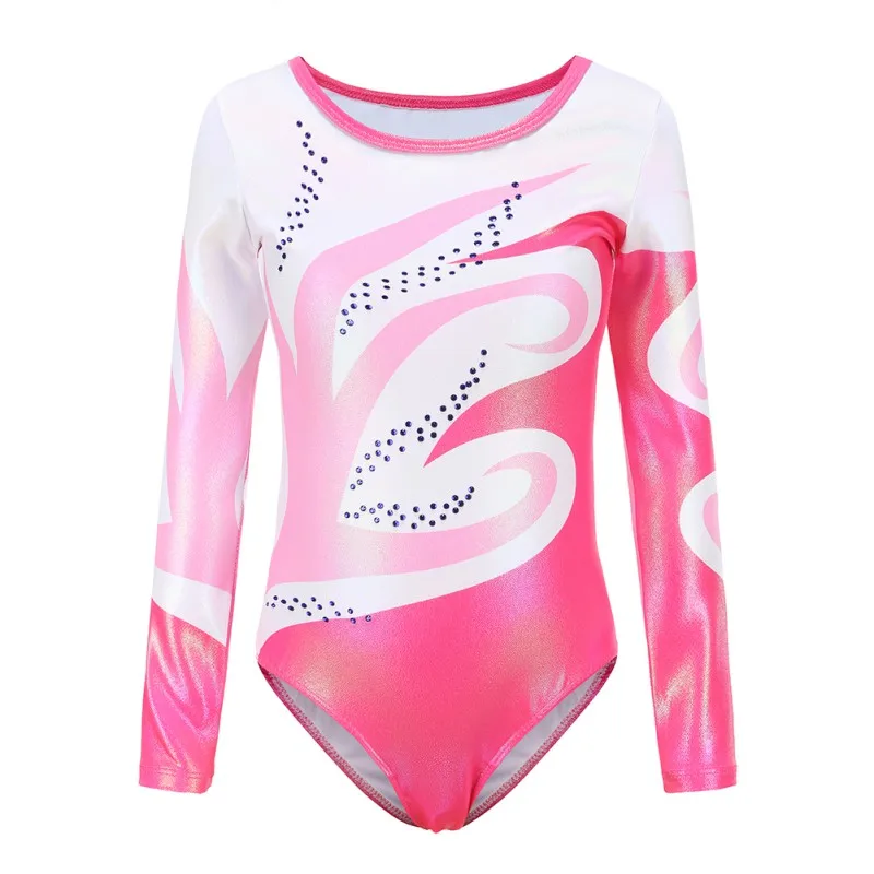Children Girls Sparkly Ballet Leotard Long Sleeve Gymnastics Bodysuit Stage Performance Costume Training Dancewear 5-12 Years