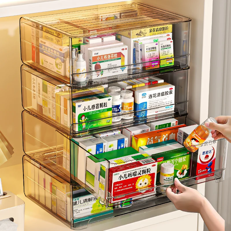 

Transparent PET Medicine Organizer Box, Stackable Pill Container, Large Capacity Drawer Cabinet, Categorized Drug Storage Bin