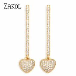 ZAKOL Fashion Heart Love Long Drop Dangle Earrings Golden Metal Copper Inlaid Zirconia Versatile Daily Romantic Jewelry