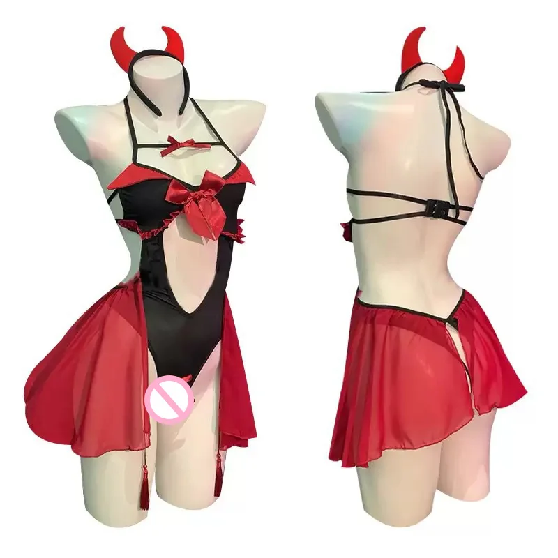 

Сексуальная ночная рубашка Devilish Succubus, женская косплей, ажурная униформа дьявола, комплект эротического нижнего белья на Хэллоуин