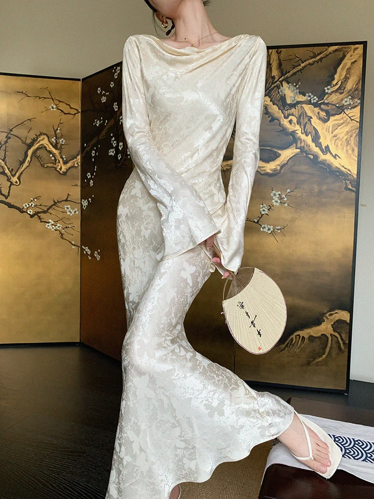 

JWUNIQUE Champagne Color Long Sleeve Swing Neck Dress Women's Slimming Long Tailcoat Skirt High Waist A-Line Gown for Autumn