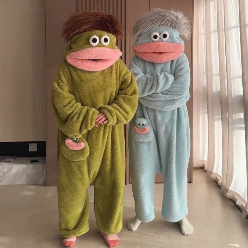 Generic Big Mouth Monster Onesie Pajamas Winter Thick Coral Fleece Ugly Cute Funny Warm Loungewear For Adults Green Light Blue view 3
