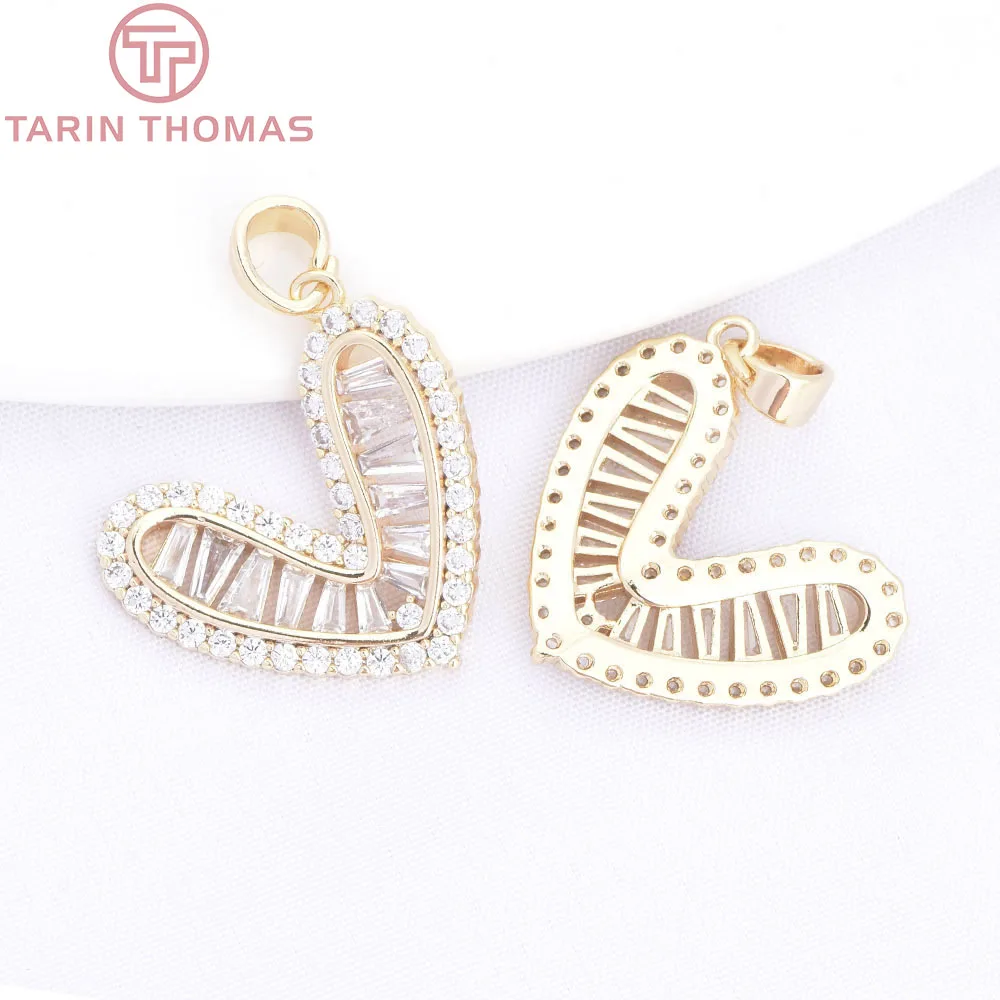(10455) 2PCS 18x19.5MM 24K Gold Color Brass with Zircon Heart Shaped Necklace Pendants High Quality Jewelry Making Accessories