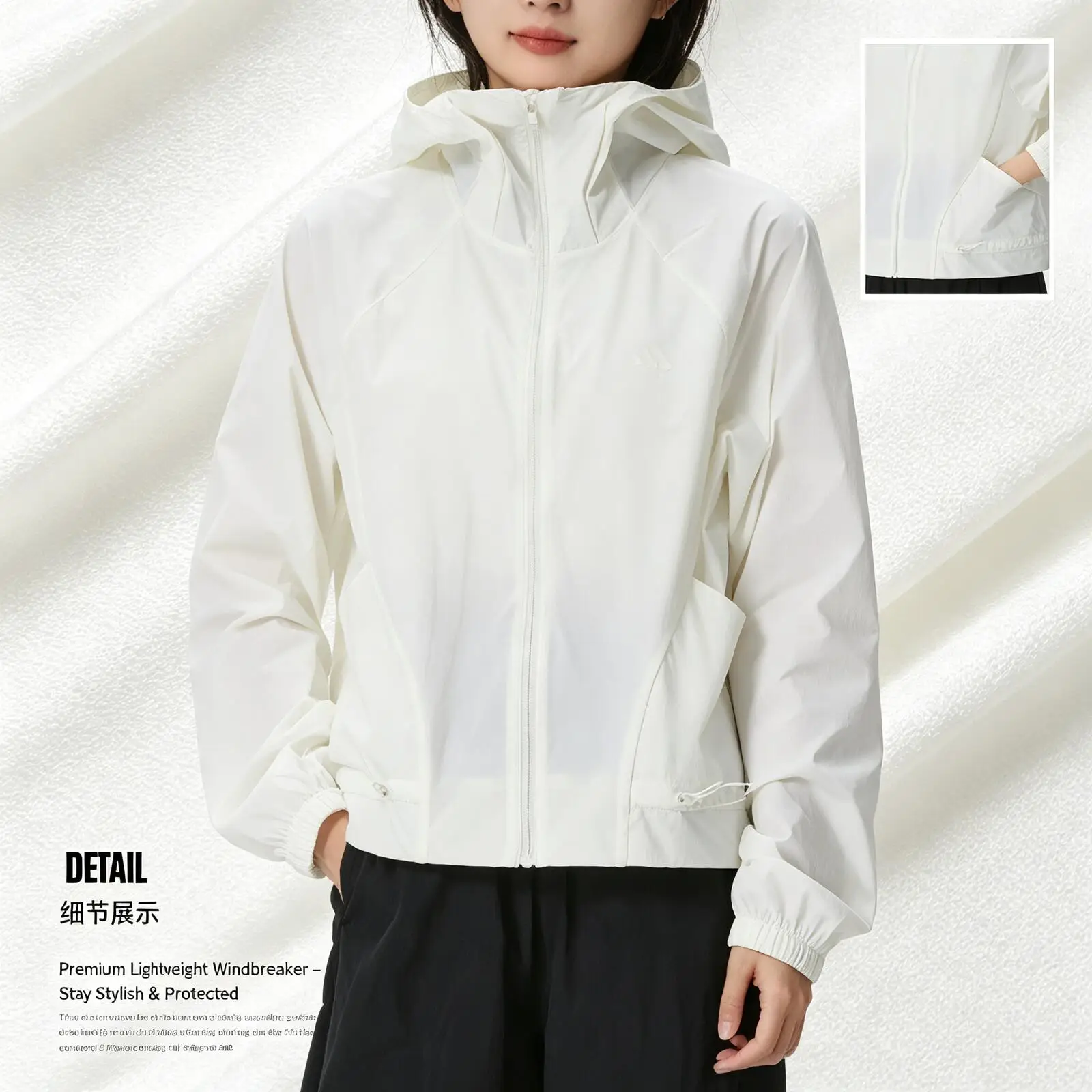 Adidas Women Woven Hooded Jacket  Loose Windproof Lightweight Zip Up Outdoor Casual Sport Coat Cream White KH2713