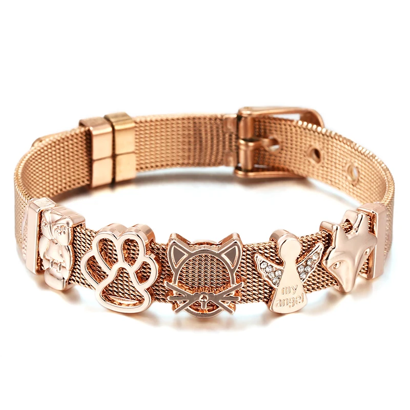 Stainless Steel Watch Belt Mesh Bracelet Micro Pave CZ Crystal Fairy Fox Charm Bracelet For Women Men Party Wedding Jewelry Gift