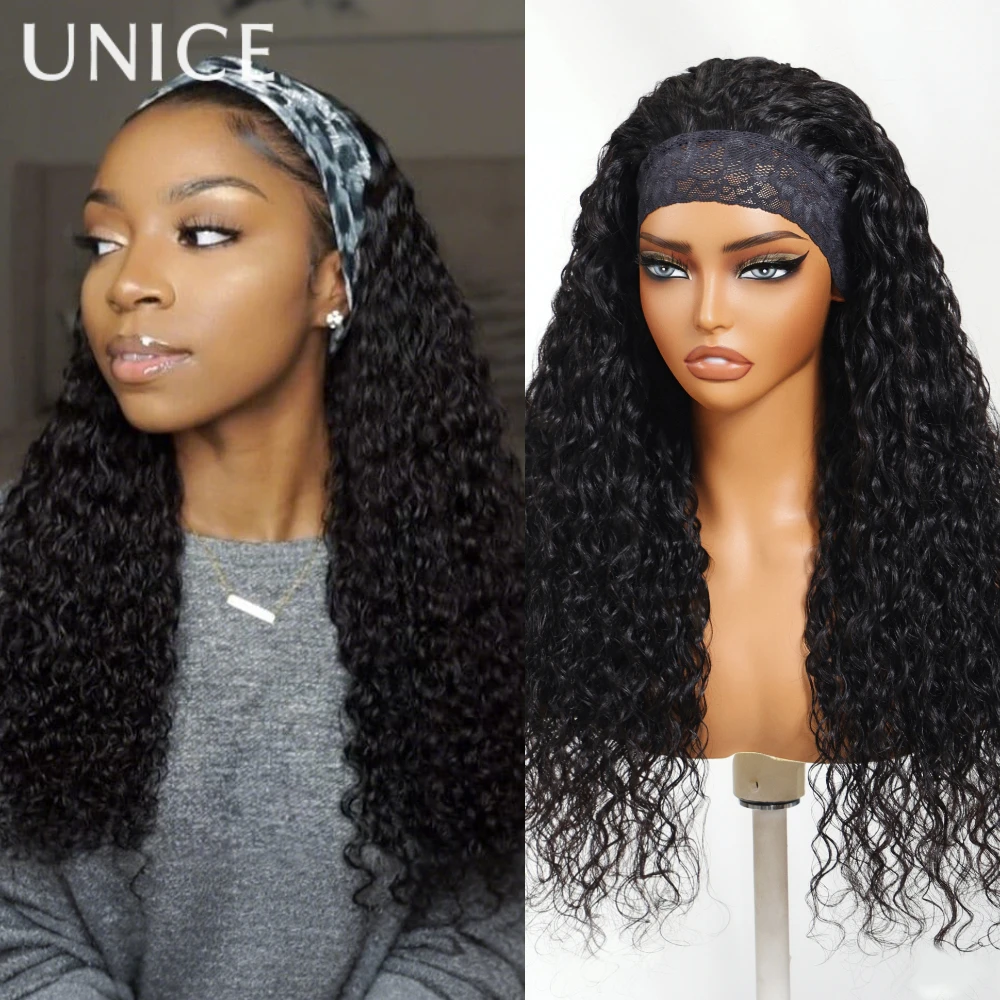 UNice Hair Water Wave Human Hair Headband Wig Scarf Wig 100% Human Hair Wigs No Glue Beginner Friendly 150%Density