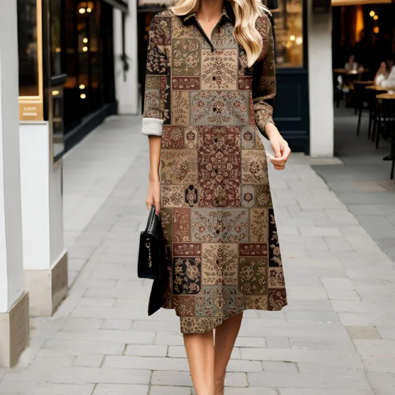 2025 Abito comfort stile camicia da donna nuovo Abito ampio a maniche lunghe con colletto modello retrò Abito elegante e traspirante