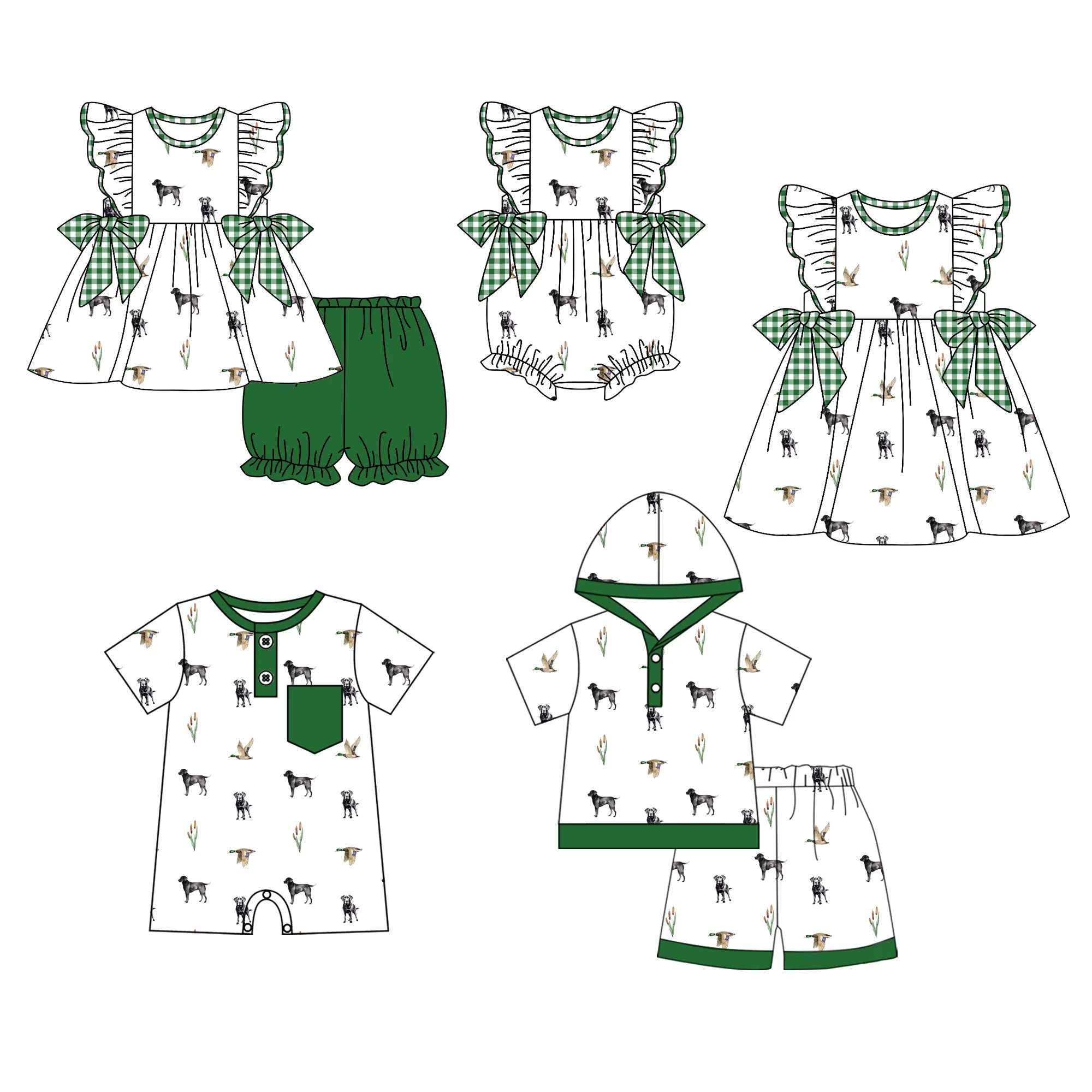 Summer boutique clothing wholesale boys and girls matching 5 piece baby girl pearl suit green shorts dog print boy hooded suit