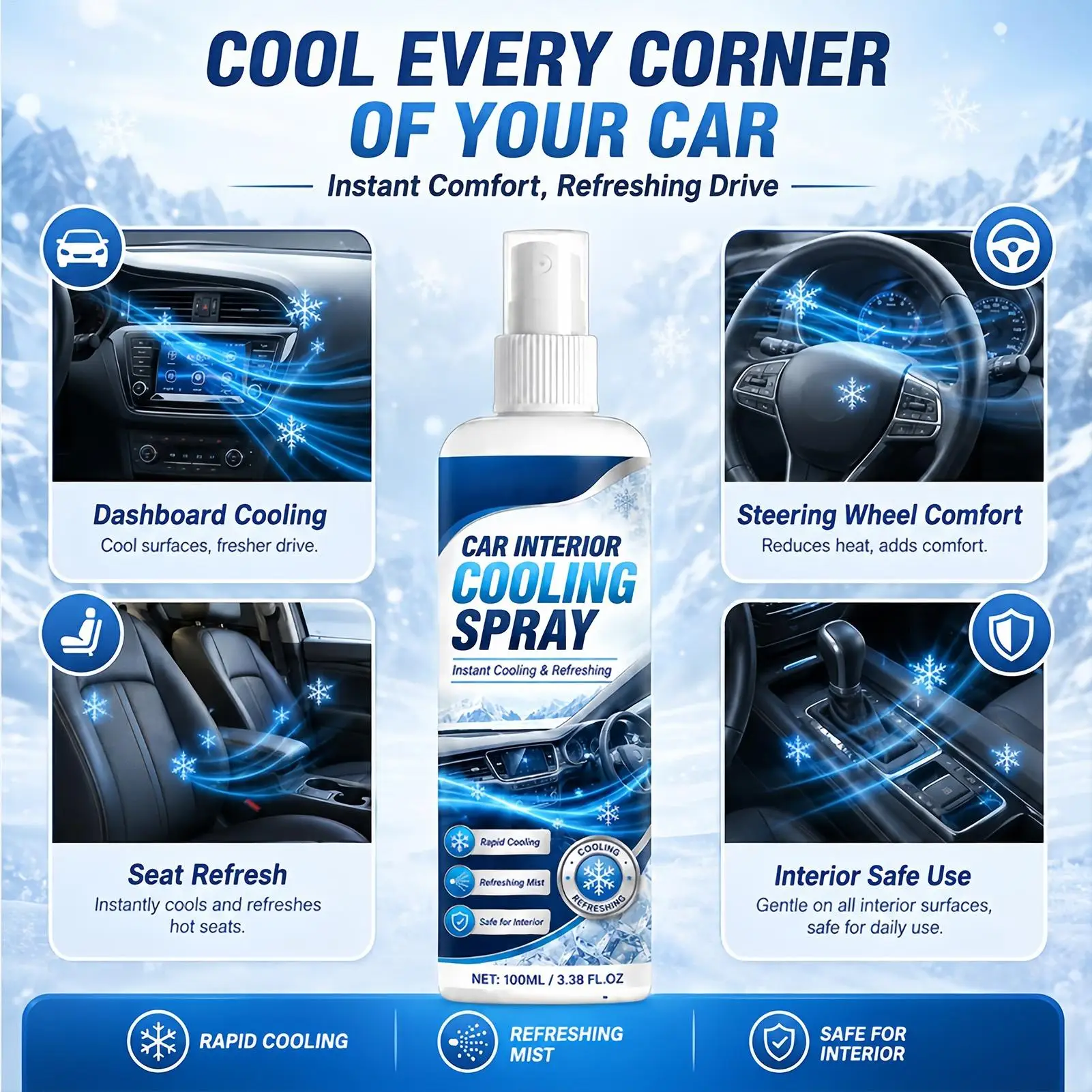 100ml Car Interior Cooling Spray Fast-Acting Freeze Spray Cools Leather Seats Dashboard Steering Wheel, Odor Eliminator view 5