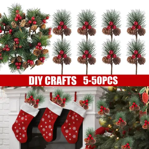 5-50PCS Artificial Pine Picks Christmas Pine Needle Berries Pinecones for Floral DIY Wreaths Garden Xmas Tree Decorations