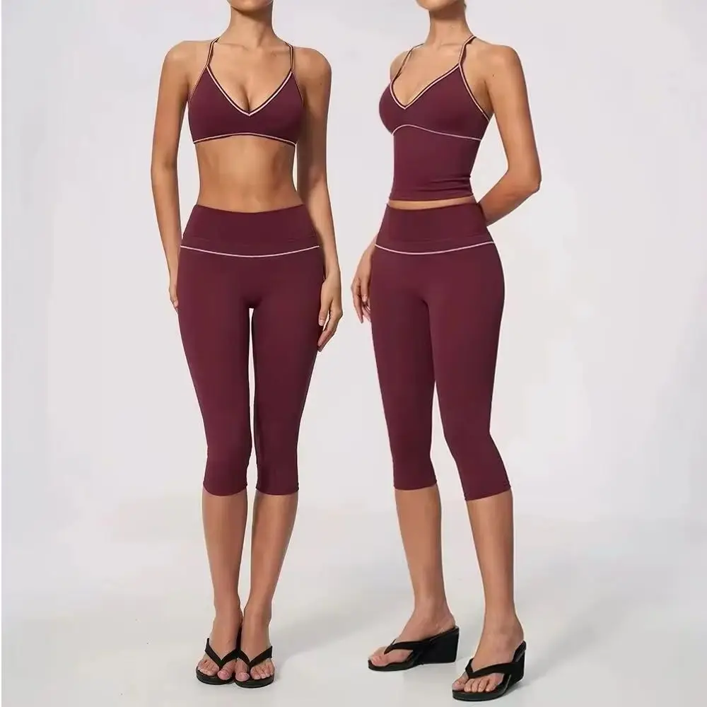 Women 2Pcs Tracksuit V Back Contrast Stitching Shorts and Top Set High Waist Capri Yoga Pants Push Up Gym Fitness Suit Female