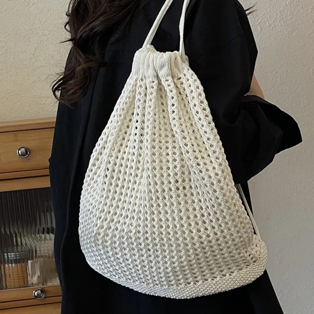 Solid Color Knitting Shoulder Bag Lazy Style Large Capacity Bohemian Crochet Backpack Hollow Out Versatile